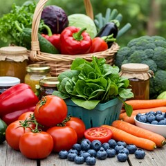 Fresh organic vegetables and fruits with preserved food in jars on rustic wooden table