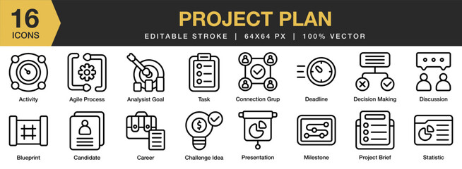 Project Plan icon set. Editable Stroke Icon Collection. Includes plan, project, business, design, strategy, and More. Outline icons vector collection.
