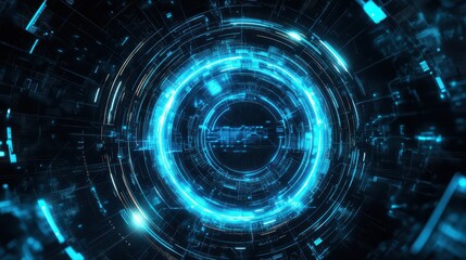 A futuristic digital technological interface featuring a glowing blue electric circle set against a black background.