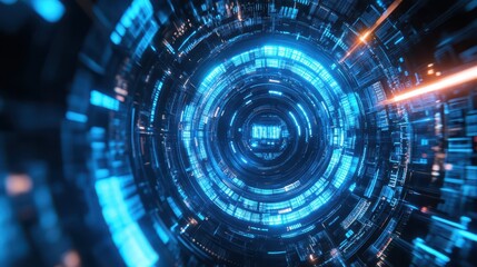 Obraz premium A futuristic digital technological interface featuring a glowing blue electric circle set against a black background.