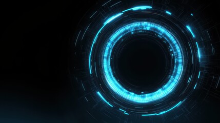 A futuristic digital technological interface featuring a glowing blue electric circle set against a black background.