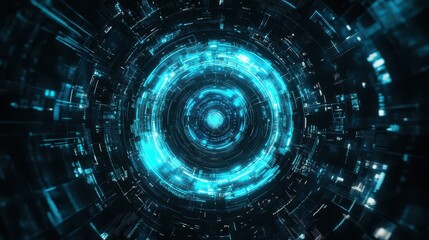 Obraz premium A futuristic digital technological interface featuring a glowing blue electric circle set against a black background.