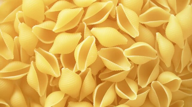 Textured raw shell paste, Conchiglie slowly rotates. 4k video. close-up. View from above