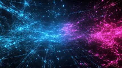 Fototapeta premium A futuristic neon abstract background featuring a network grid with electric glowing blue and pink connections.
