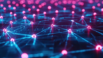 A futuristic neon abstract background featuring a network grid with electric glowing blue and pink connections.