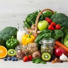 Healthy eating promoting fresh vegetables, fruits, nuts, seeds, and milk