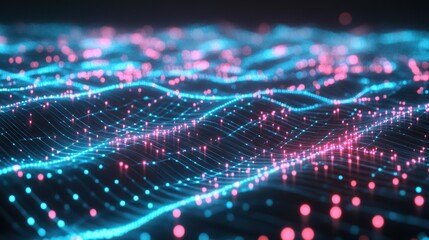 A futuristic neon abstract background featuring a network grid with electric glowing blue and pink connections.