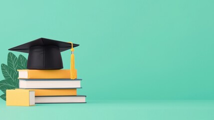 Graduation Cap and Colorful Books on a Green Background