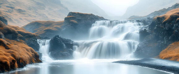 Fototapeta premium Serene Waterfall Cascading Down Rocky Hills
