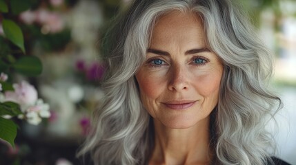 Obraz premium Portrait of a woman with silver hair among blooming flowers