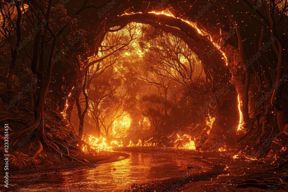 Poster a fiery forest scene illuminated by flames, creating an eerie and captivating atmosphere amidst the 