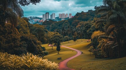 Winding path through lush park, city skyline in background.