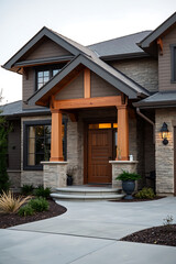 Modern Luxury Home Exterior: Stone and Wood Architectural Design.  Stunning contemporary facade, showcasing elegant entrance and landscaping.