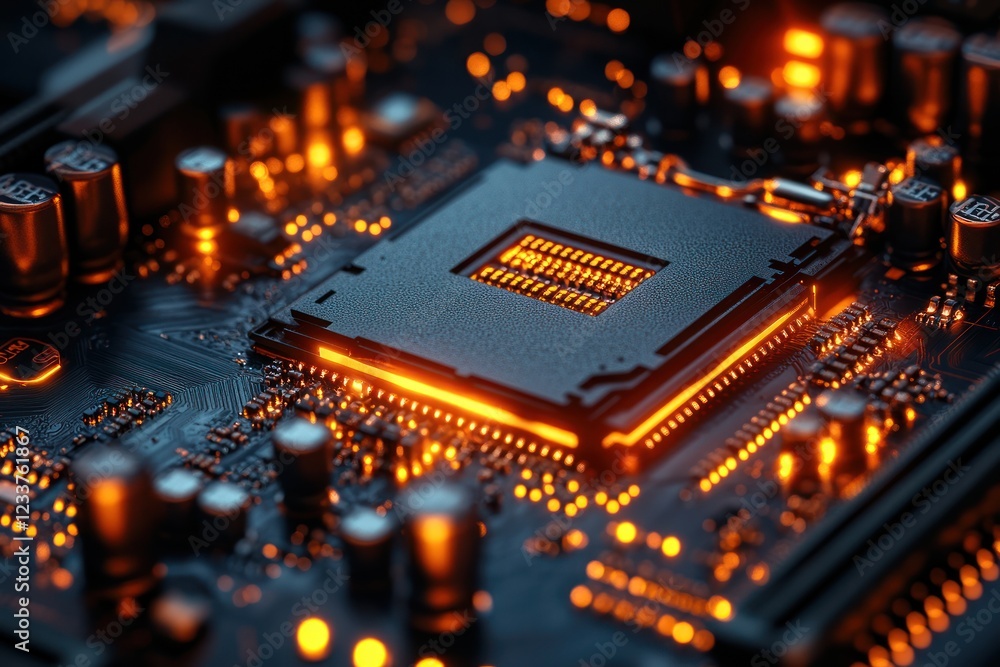 Poster close-up of a glowing microprocessor on a circuit board