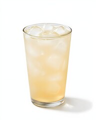 A glass of clear lemonade with ice, on a white background, high-resolution photography. 