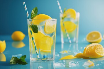 Refreshing lemonade, ice, mint, blue background, summer drinks