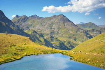Landscape of beautiful nature summer mountain lake.