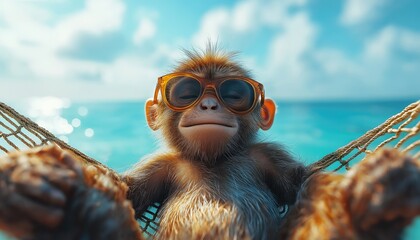 Vacation Monkey Lounging in Hammock on Tropical Beach with Sunglasses
