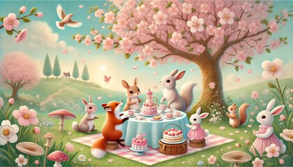 Fototapeta premium Gentle Woodland Animals Enjoying a Spring Tea Party Beneath a Blooming Cherry Blossom Tree in a Pastel Storybook Scene