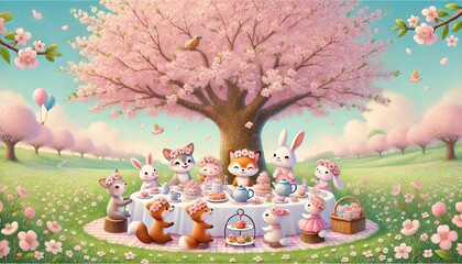 Obraz premium A Heartwarming Tea Party Under Blooming Cherry Blossoms with Adorable Woodland Animals in a Serene Meadow