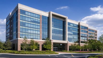 Obraz premium Modern glass and brick office building on a sunny day. (1)