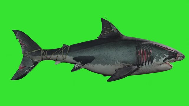 Side view running of big shark grey in colour green screen or chroma key video clip motion