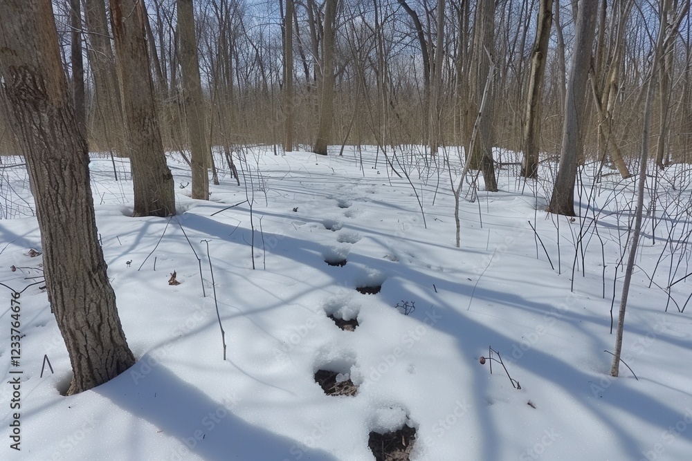 Poster snow-covered forest path with visible animal tracks leading through trees, creating a serene winter 