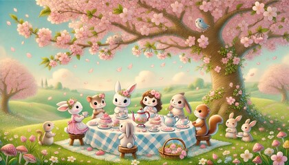 Fototapeta premium A charming pastel-colored illustration of adorable animals enjoying a tea party under a blooming cherry blossom tree in a serene meadow.