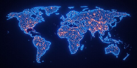 Global Map with Bright City Lights at Night
