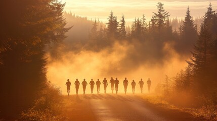 Obraz premium Silhouetted runners on a foggy forest road at sunrise.