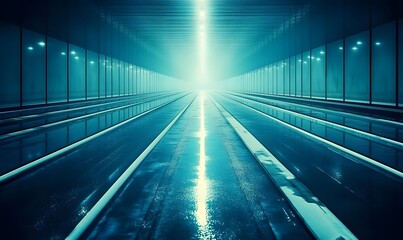 Futuristic blue tunnel, light at end, reflective floor, sci-fi background, video game asset