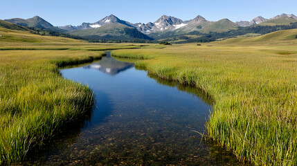 Serene mountain stream, alpine meadow, clear water, tranquil landscape, nature photography