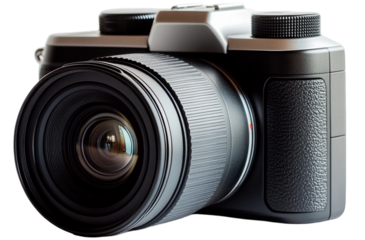 A classic black and white photograph of an old 35mm SLR camera with a vintage lens, against Transparent Background 