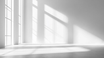 Minimalist Abstract White Background with Soft Shadows and Light Reflections, Sunlight Streaming Through a Window in a Modern White Room