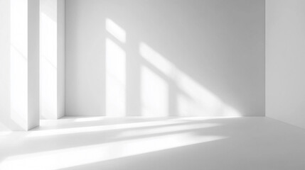 abstract white empty room wall background. minimalist white room with soft natural light and shadow overlay abstract background