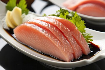 A high-resolution macro photograph of a delicately arranged raw fish fillet