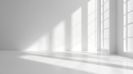 Minimal white light and shadow background. A serene white background with gentle light. Background for product presentation with shadow and light from windows.