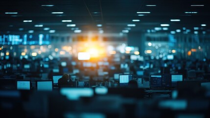 Obraz premium Blurred image of a large, busy office at night, showing many people working at computers under bright lights.