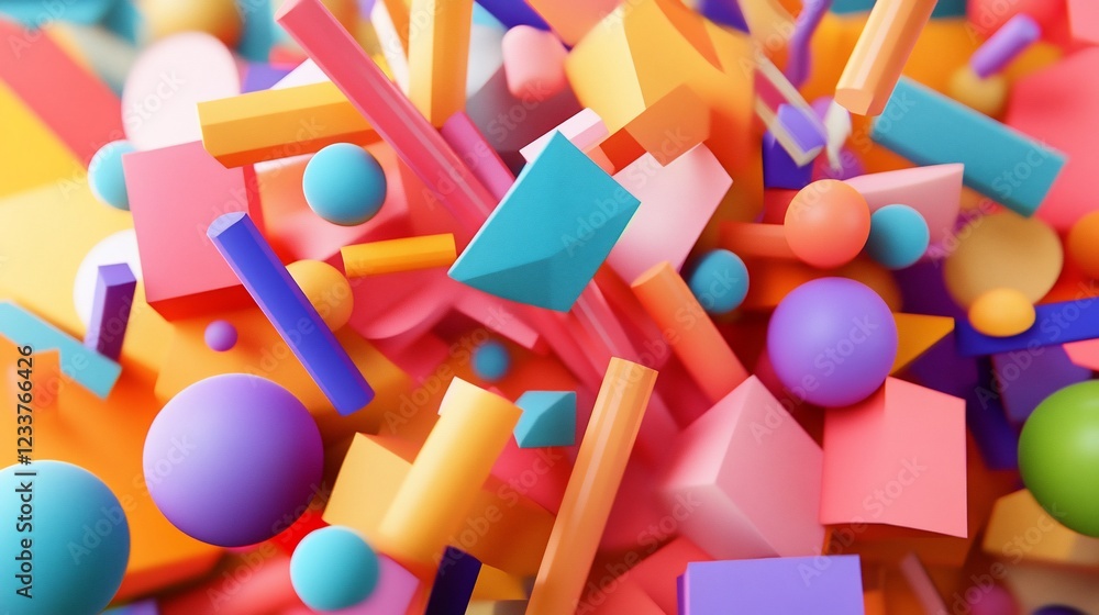 Poster a vibrant and dynamic 3d rendering featuring a variety of colorful geometric shapes in motion