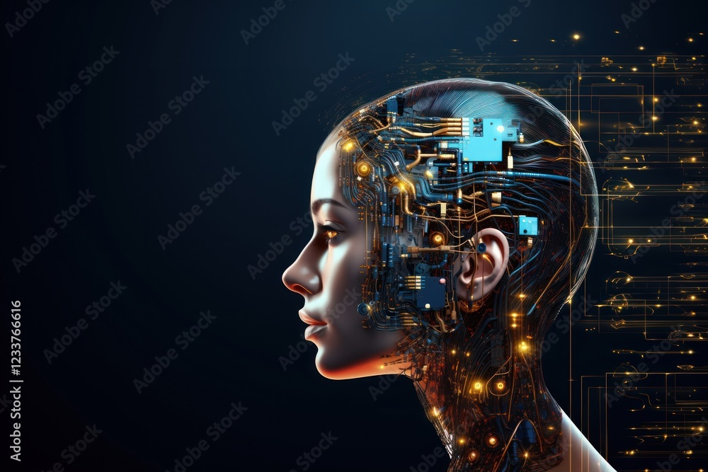 Poster futuristic side portrait of robot circuits digital concept.