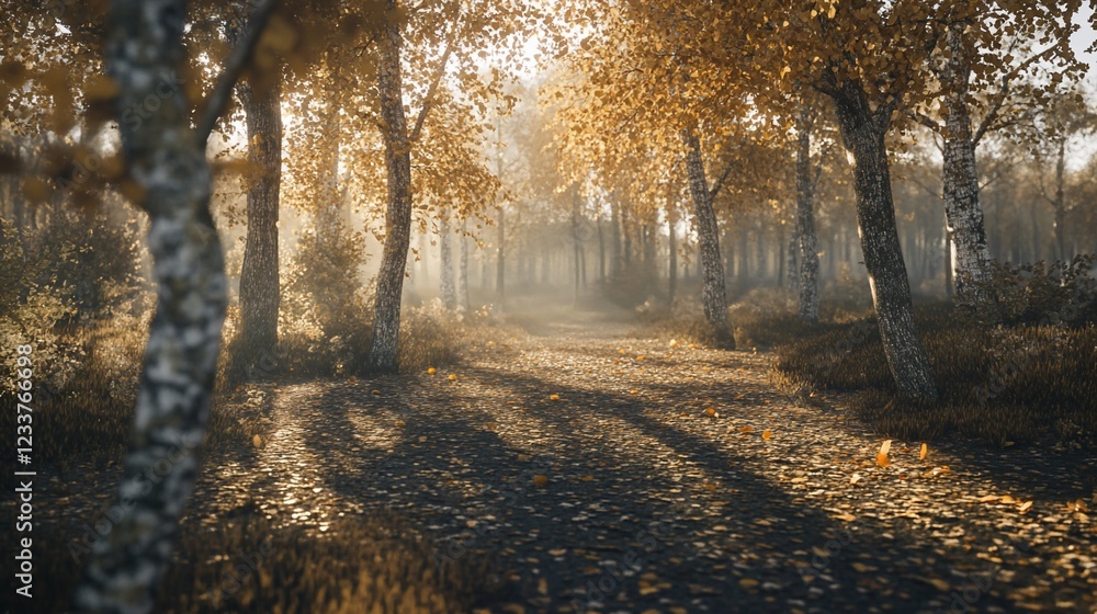 Poster autumn forest path with golden leaves and misty sunlight creating an atmospheric scene