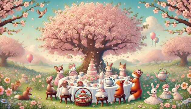 A pastel-colored storybook illustration of animals having a tea party under a blooming cherry blossom tree, with gentle sunlight, floating petals, and a whimsical atmosphere