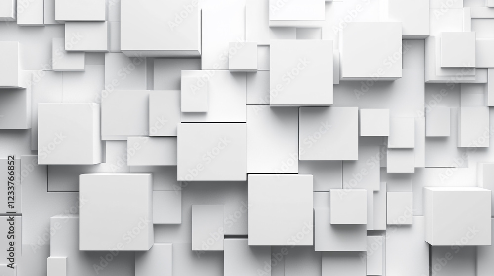 Poster abstract background of white cubes in varying sizes and depths, modern white square tiles create a t