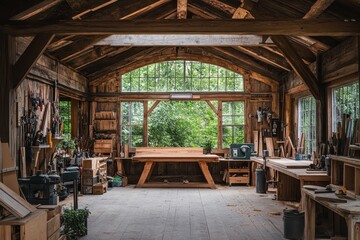 Fototapeta premium Rustic wooden workshop with tools and large windows. Ideal for carpentry, craftsmanship, and DIY themes.