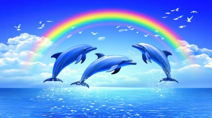 Three dolphins leap joyfully over ocean waves beneath a vibrant rainbow and flock of birds in a bright blue sky.