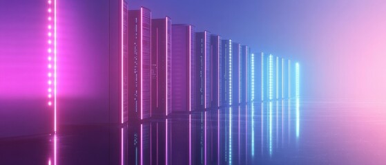 Fototapeta premium Futuristic Data Center with Colorful Neon Lights and Reflection