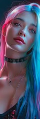 Fototapeta premium A striking portrait of a woman with long blue hair, illuminated by dramatic red and blue lighting. Her calm expression and detailed features evoke a futuristic and bold aesthetic.