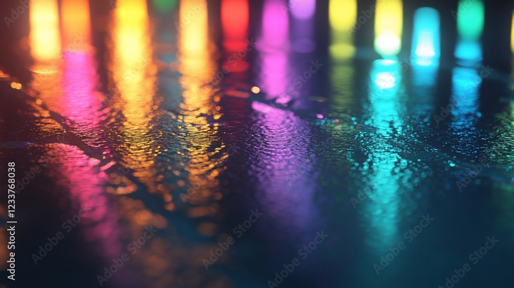 Poster reflections of colorful lights on a wet surface creating a vibrant abstract scene