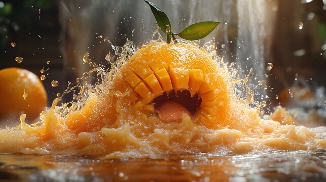 Photorealistic mango with a face being squeezed in a vise juice flows painfully from its eyes and mouth into a glass The scene is detailed capturing the agony of the orange