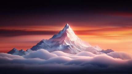 Majestic Snow-Capped Mountain Peak Against Dramatic Sunset Sky